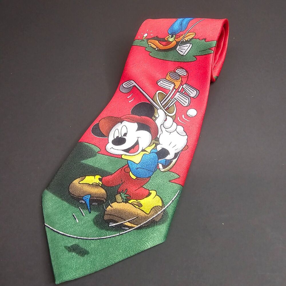 Vtg 1990s Mickey Mouse, Goofy, Pluto, Donald Golf Tie Red Mickey Unlimited